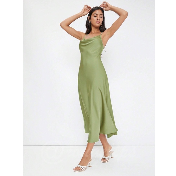 Green Satin Cami Dress Midi Adjustable Spaghetti Straps - Picture 4 of 7